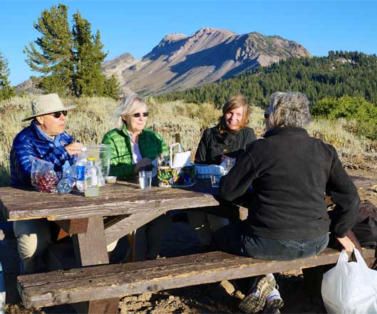 group of employees sitting at a picnic bench eating lunch together